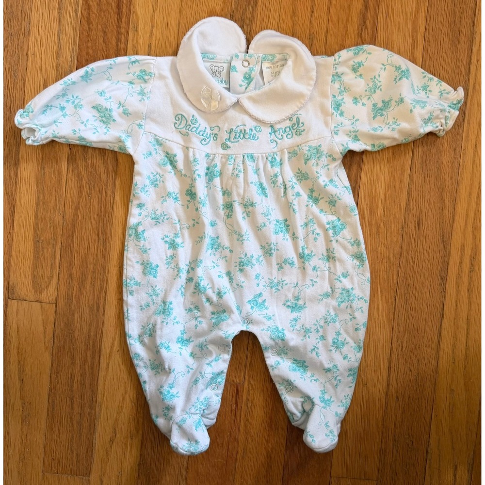 Vintage 2000 Baby Girls 0-3M White and Teal Floral "Daddy's Little Angel" Outfit